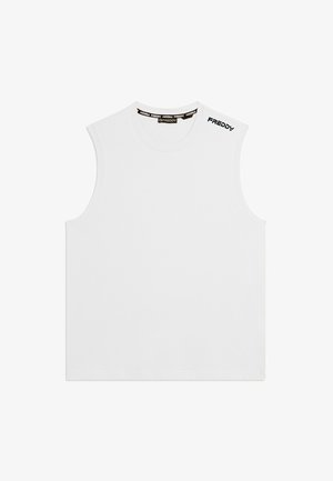 Maglietta atletica bianca senza maniche con scollo rotondo e logo "FREDDY" sulla spalla sinistra e all'interno del colletto.