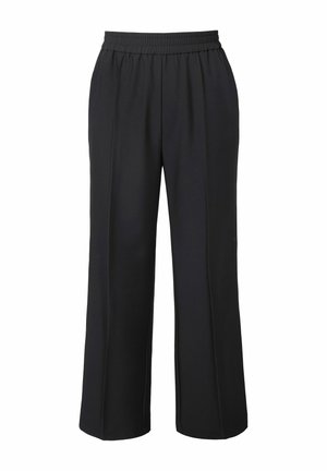 Zwarte wijde broek gemaakt van zachte stof, met een elastische tailleband en een gladde textuur, voor comfort en gemakkelijke draagbaarheid.
