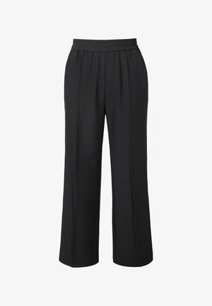 Pantalones de pierna ancha negros, hechos de una tela suave, con una cinturilla elástica y una textura lisa, que ofrecen comodidad y facilidad de uso.