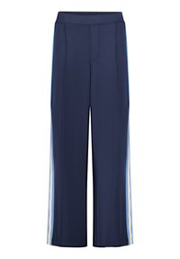 Granatowe spodnie o szerokich nogawkach z gładką fakturą, z pionowymi paskami w jasnoniebieskim i żółtym wzdłuż boków. Elastyczny pas.