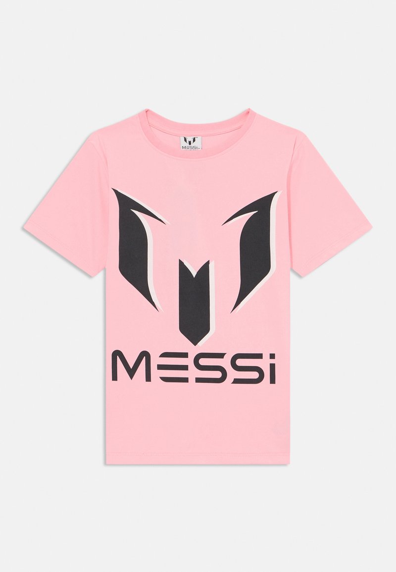 Rožinė marškinėlių su dideliu juodu ir baltu stilizuotu logotipu su tekstu "MESSI" ryškiu šriftu apatinėje dalyje. Pagaminti iš minkštos medvilnės medžiagos.