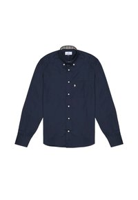 Camicia blu navy con bottoni, maniche lunghe, colletto a punta e taschino sul petto; presenta bottoni bianchi e una fodera interna a quadri.