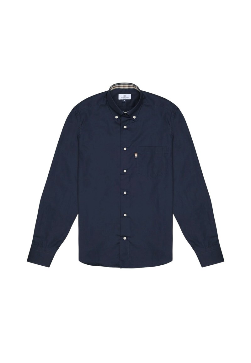 Camicia blu navy con bottoni, maniche lunghe, colletto a punta e taschino sul petto; presenta bottoni bianchi e una fodera interna a quadri.