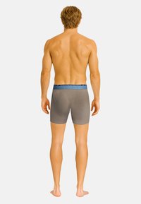 Graue Boxer-Briefs mit einem marineblauen Bund, glatter Textur, mittellanger Oberschenkelhöhe und minimalistischem Design. Die Rückansicht zeigt die Form und Passform am Körper.