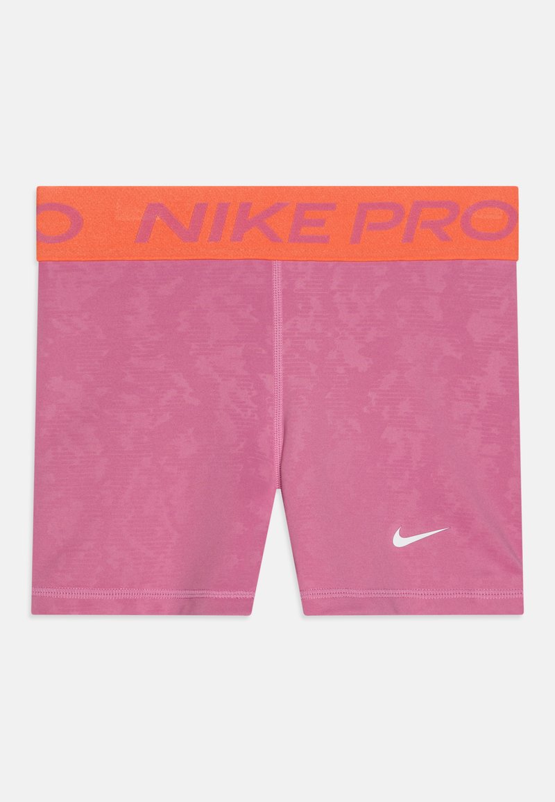 Rózsaszín sportnadrág narancssárga derékkal, amelyen a "NIKE PRO" felirat található, sima tapintású, és elöl egy fehér Nike logó díszíti.