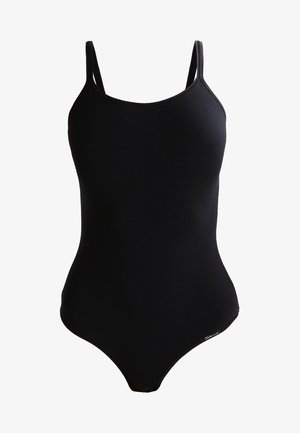 Fato de banho preto em uma peça única com alças finas, feito de um tecido suave e elástico. Apresenta um corte clássico e uma marcação mínima de branding na lateral.