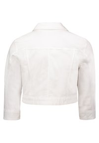 Weißer, taillierter Denim-Jacke mit Kragen, langen Ärmeln und Rückenpasse, mit einer glatten Textur und einem klaren Design.