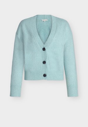 Light blue cropped cardigan made of soft material, featuring a V-neck, long sleeves, and four dark buttons down the front.