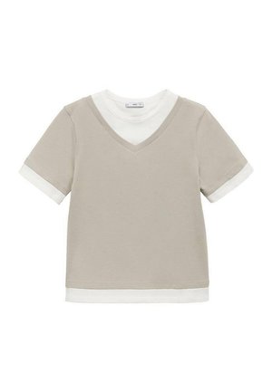 V-neck short-sleeve T-shirt made of light grey cotton, featuring white cuffs and hem. Simple design with a relaxed fit and soft texture.
