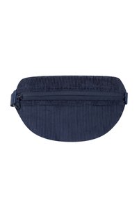 Bolso de cintura de pana azul marino con forma redondeada, que cuenta con un cierre de cremallera y una correa ajustable. Superficie texturizada con acanaladuras verticales.