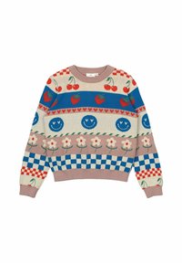 Sweter z dzianiny z wielokolorowymi wzorami: uśmiechnięte twarze, truskawki, wiśnie i kwiaty. Różowe ściągacze przy dekolcie i rękawach. Jasny, radosny design.