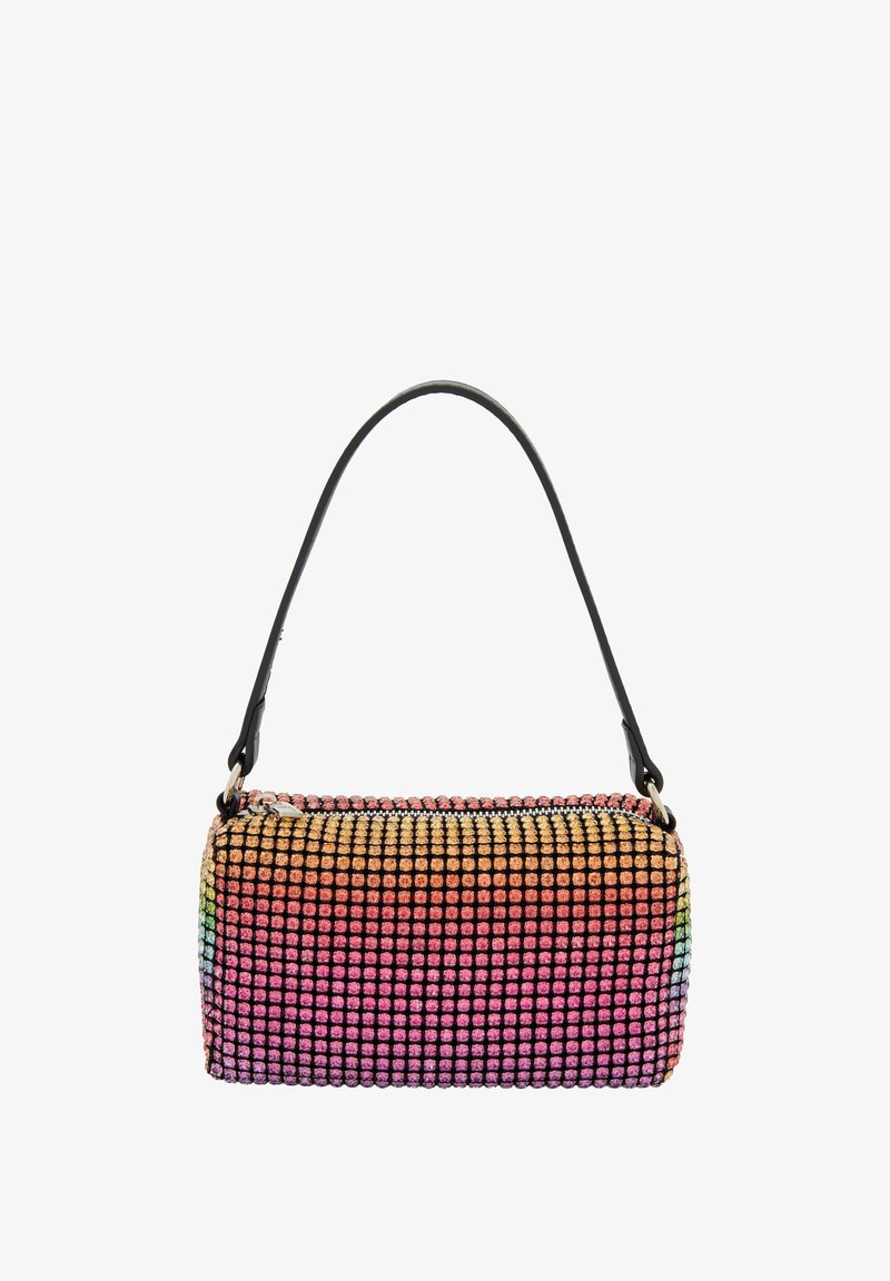 Rechteckige Handtasche mit mehrfarbigen Kristallverzierungen, einem verstellbaren schwarzen Trageriemen und einem Reißverschluss oben.