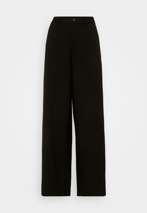 Fekete, széles lábú nadrág sima anyagból, gombos derékzárral, testre szabott sziluettel és látható minták nélkül.
