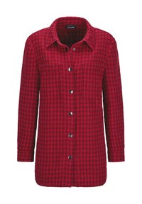 Rote karierte Flanelljacke mit langen Ärmeln, Knopfleiste, zwei Brusttaschen und schwarzen Knöpfen. Strukturiertes Gewebe.