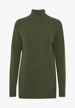 Zielony sweter z dzianiny z wysokim kołnierzem, długimi rękawami i ściągaczami. Posiada subtelną fakturę i detal z logo blisko dolnego obrzeża.