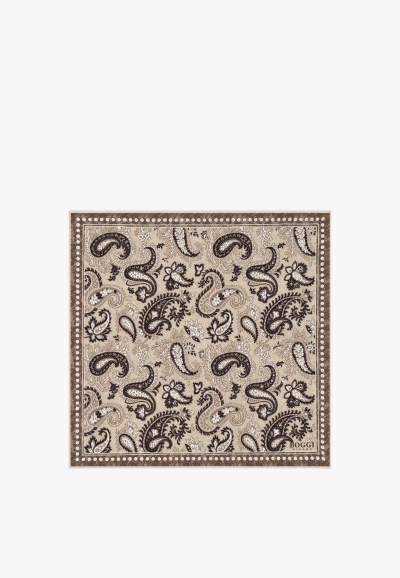 Béžový a hnedý vreckovkový vzor paisley s kvetinovými akcentmi a okrajom s bodkami, v rohu označený nápisom "Boggi Milano".