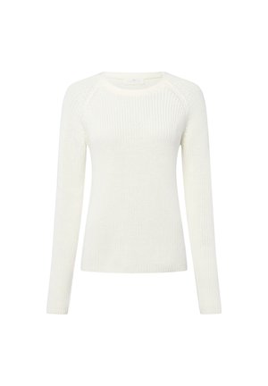Witte lange mouwen trui met ronde hals in een gebreide stof, met ribbeltextuur en een aansluitende pasvorm, op een effen witte achtergrond.