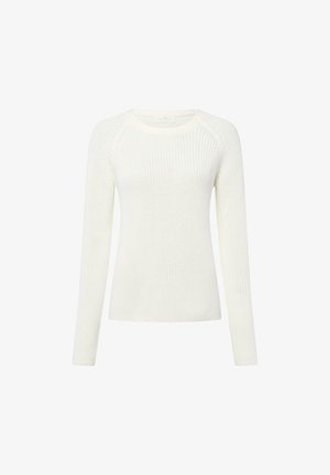 Weißer langärmeliger Rundhalsstrickpullover mit gerippter Textur und figurschmeichelndem Schnitt auf einem schlichten weißen Hintergrund.