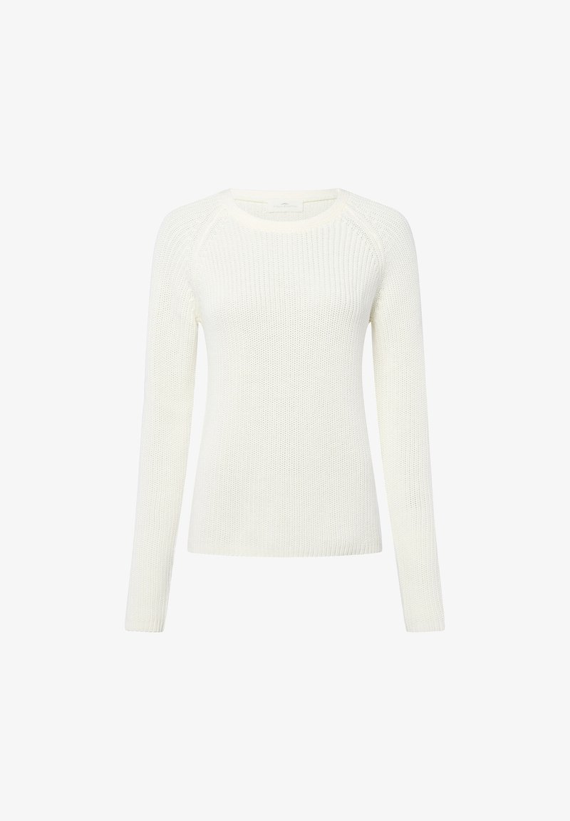 Witte lange mouwen trui met ronde hals in een gebreide stof, met ribbeltextuur en een aansluitende pasvorm, op een effen witte achtergrond.