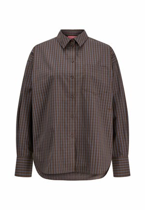 Chemise marron à manches longues avec des rayures verticales bleu et noir, boutonnée à l'avant, avec col, poche poitrine et ourlet incurvé.