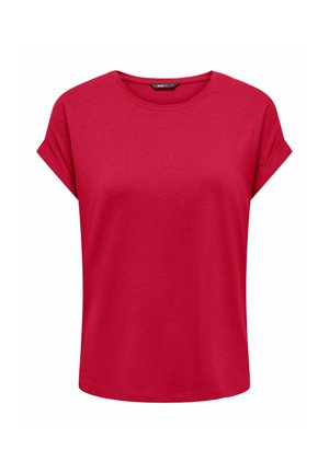 T-shirt rouge pour femme à manches courtes avec ourlets roulés et col rond, présenté sur fond blanc.