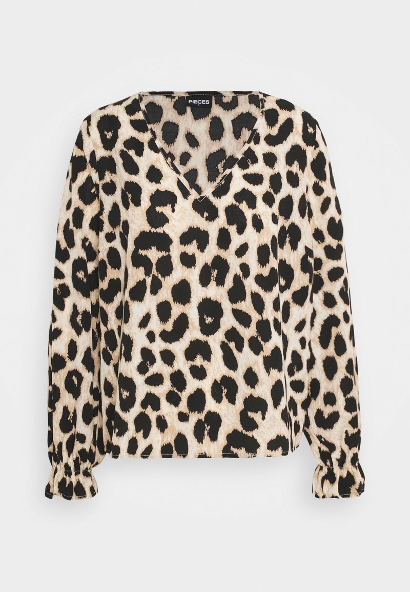 Blouse à imprimé léopard avec col en V, manches longues et poignets élastiques. Fabriquée dans un tissu léger aux tons beige, noir et marron.