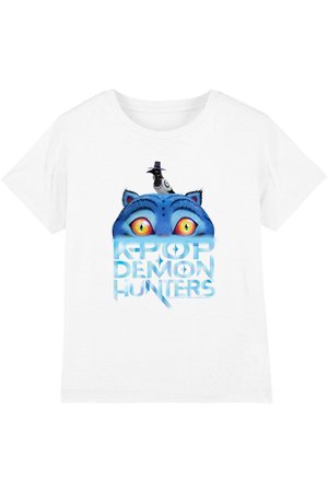 White T-shirt with graphic of wide-eyed blue cat head and black bird wearing a hat perched on it, text "K-POP DEMON HUNTERS" below.