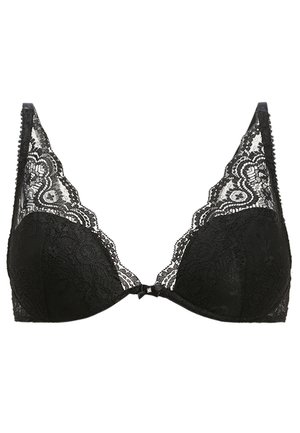 Black lace bra with triangular cups, featuring a scalloped lace overlay and a decorative bow at the center. Adjustable straps.