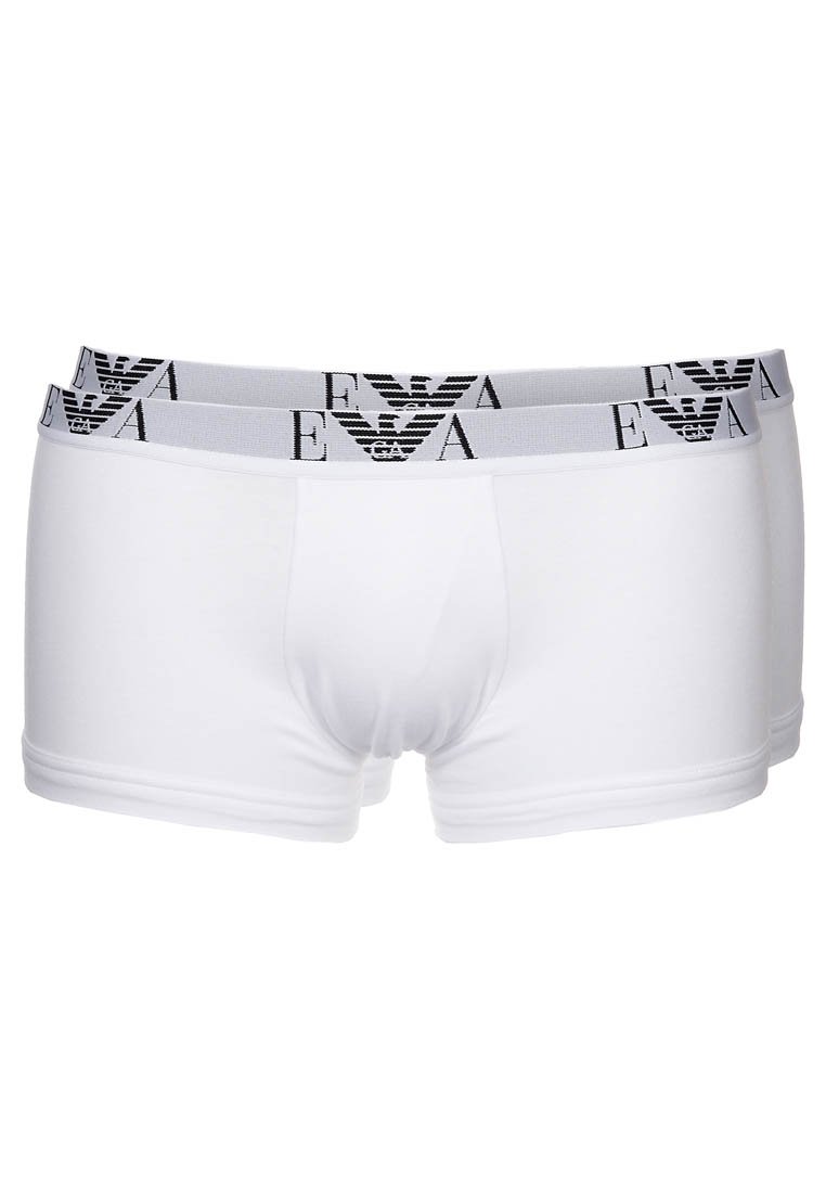 Weiße Baumwoll-Boxershorts mit einem grauen elastischen Bund, der ein schwarzes Logomuster aufweist. Körperbetontes Design mit einer glatten Textur.