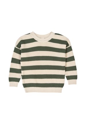 Maglione a righe con colori alternati verde e crema, texture a maglia, scollatura rotonda e polsini e orlo a costine.