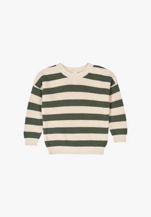 Striped sweater featuring alternating green and cream colors, knit texture, round neckline, and ribbed cuffs and hem.