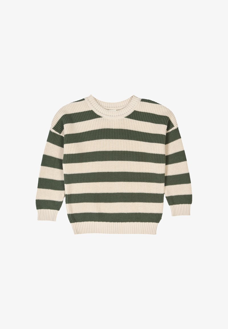 Raidallinen villapaita, jossa vuorottelevat vihreä ja kerma värit, neulottu pinta, pyöreä kaula-aukko sekä ribbaavat hihat ja helma.