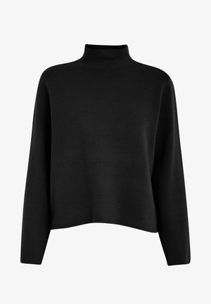 Melnas turtlenecka tipa džemperis, kas izgatavots no mīkstas auduma. Iezīmējas ar garām piedurknēm, brīvu piegriezumu un gludu tekstūru. Vienkāršs, bez rotājumiem.