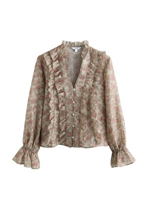 Next, REGULAR FIT - RUFFLE DETAIL LONG SLEEVE BLOUSE - Button-down blouse - sage green floral print
