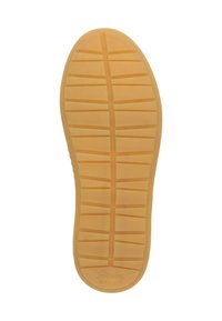 Semelle de chaussure en caoutchouc texturé et flexible de couleur brun clair avec un motif strié et le nom de la marque en relief au niveau du talon. Taille 37 indiquée sur le côté.