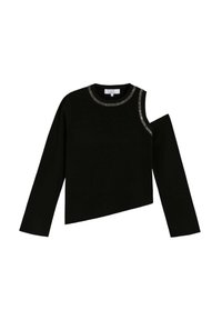 Suéter negro de punto con escote redondo, abertura en un hombro y ribete con detalles metálicos a lo largo del escote y la abertura del hombro.