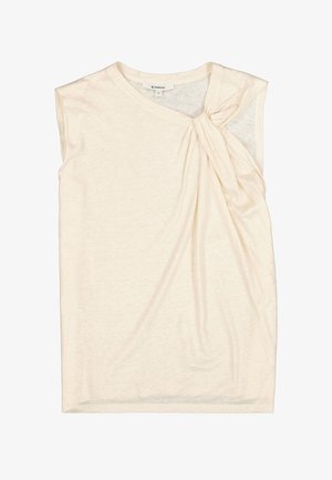 Haut sans manches de couleur crème en tissu doux avec un détail noué à l'épaule et une texture drapée sur un côté.