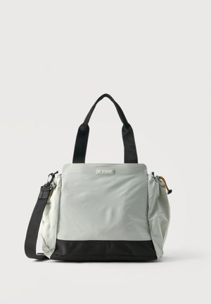 Helehall ja must K-Way kandekott kahe musta sangaga ning reguleeritava õlarihmaga valgel taustal.