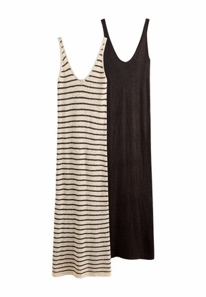 Zwei ärmellose Maxikleider mit Rundhalsausschnitten, eines in einfarbigem Dunkelbraun und eines in Creme mit horizontalen schwarzen Streifen, flach ausgebreitet.
