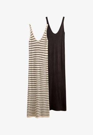Zwei ärmellose Maxikleider mit Rundhalsausschnitten, eines in einfarbigem Dunkelbraun und eines in Creme mit horizontalen schwarzen Streifen, flach ausgebreitet.