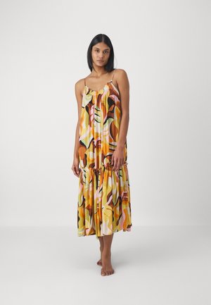 Maxi dress with a ruffled hem, featuring a vibrant pattern in yellow, pink, and black. Lightweight, sleeveless design with a gathered neckline.