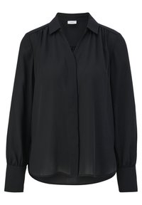 Blouse noire à manches longues avec col, boutons cachés sur le devant, épaules froncées et larges poignets, en tissu semi-transparent.