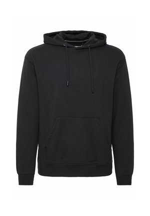 Melns kapucis džemperis izgatavots no kokvilnas maisījuma, ar priekšējo kabatu, auklu kapuci, ribotām piedurknēm un apakšmalu, kā arī gludu tekstūru.