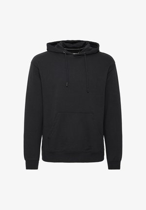 Melns kapucis džemperis izgatavots no kokvilnas maisījuma, ar priekšējo kabatu, auklu kapuci, ribotām piedurknēm un apakšmalu, kā arī gludu tekstūru.