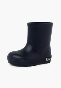 Botte de pluie en caoutchouc noir avec semelle texturée et étiquette "igor" sur le côté, présentée légèrement en angle sur fond blanc.
