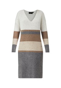 Sukienka dzianinowa z dekoltem w serek, z naprzemiennymi paskami w kolorach kremowym, brązowym i szarym. Miękka tekstura, długie rękawy i długość do połowy uda.