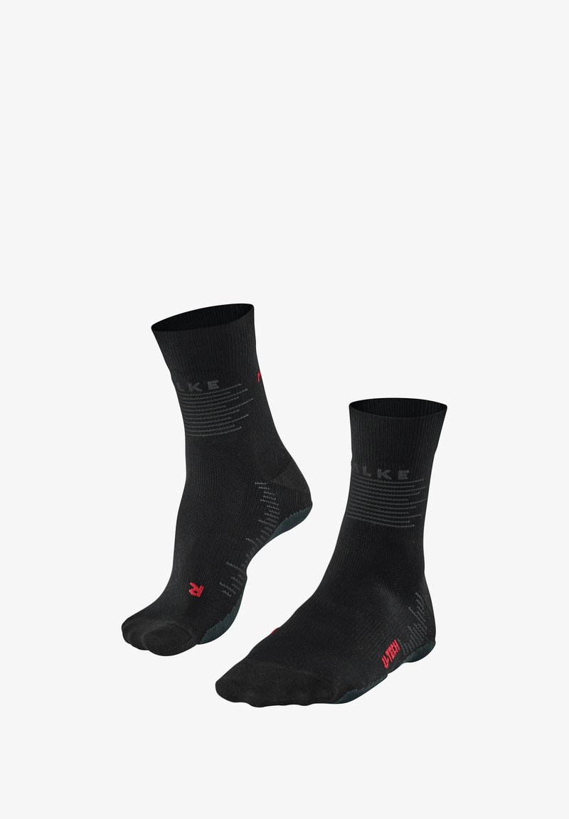 Czarne skarpetki załogowe z teksturowanym splotem, z szarym logo i czerwonymi akcentami, zaprojektowane dla komfortu i trwałości.