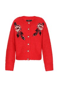 Roter Strickcardigan mit Rundhalsausschnitt, langen Ärmeln, Knopfverschluss und verzierten floralem Design mit Pailletten und Perlen auf der Vorderseite.