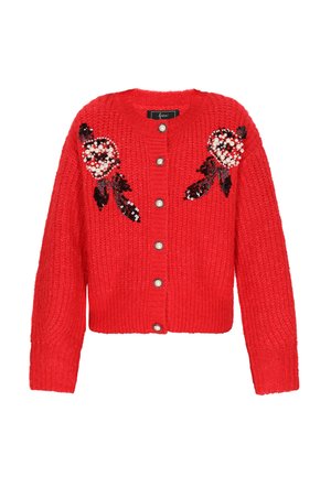 Rød strikket cardigan med rund hals, lange ærmer, knaplukning og udsmykkede blomsterdesigns med perler og pailletter på forsiden.