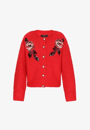 Červený pletený cardigan s kulatým výstřihem, dlouhými rukávy, zapínáním na knoflíky a ozdobnými květinovými vzory s flitry a korálky na přední straně.